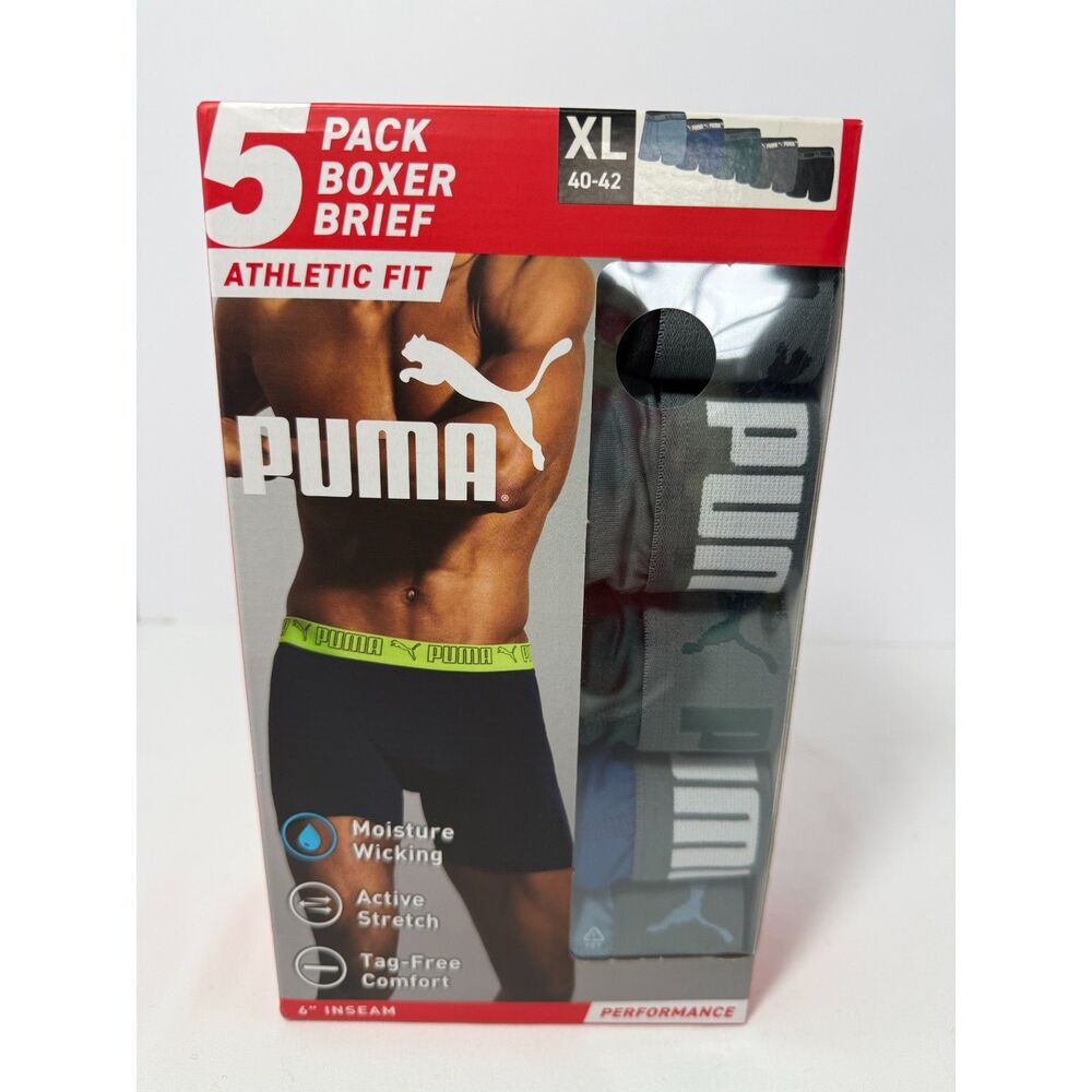 5 Pack PUMA Boxer briefs w/6" inseam  Athletic fit New/Unopened box. Sz XL